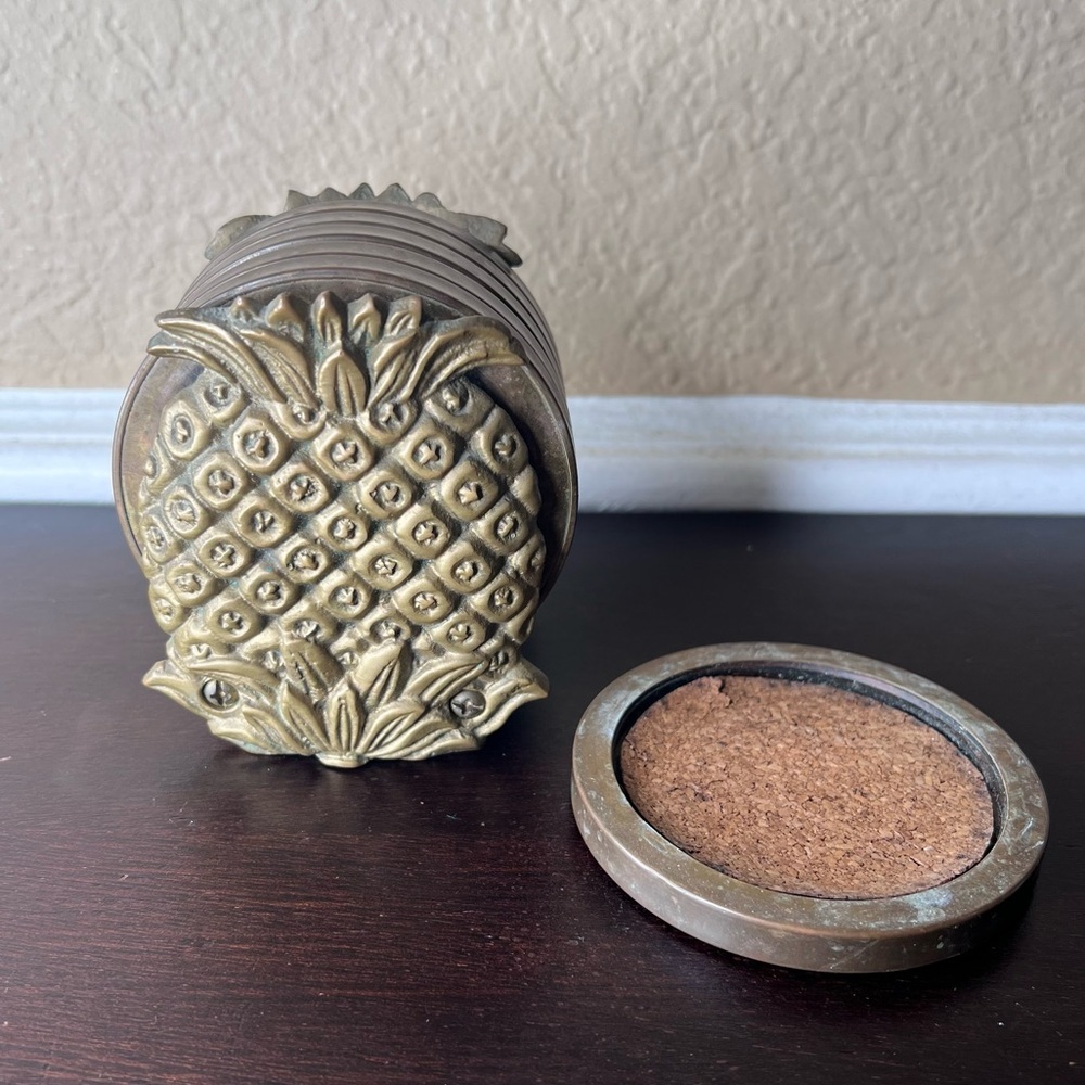Vintage 1980s Pineapple Brass Coaster Holder Set – Six Coasters Penco USA​